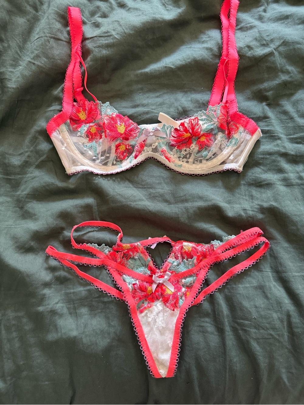For Love And Lemons Bright Pink Floral Embroidered Sheer Bra & Thong Set